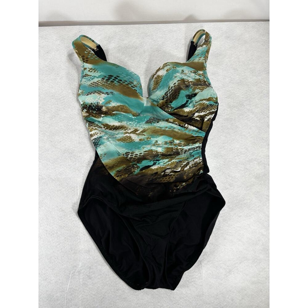Miraclesuit One Piece Swimsuit (12/14) Missing Sz Tag Black Blue Animal Slimming